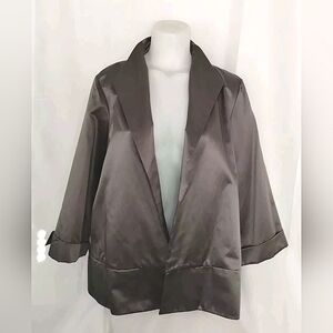 Eileen Fisher Silk Blend Dark Grey Satin Open Front Blazer Jacket Topper Sz L